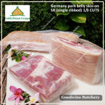 Pork BELLY SKIN ON samcan frozen Germany GOLDSCHMAUS steak cuts 2.5cm 1" (price/pack 600g 2pcs)